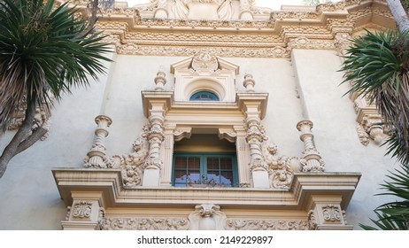 Spanish Colonial Revival Architecture In Balboa Park, San Diego, California USA. Historic Building In Classic Baroque Or Rococo Romance Style. Casa Or Old Castle Ornamental Stucco Decor, Antique Art.