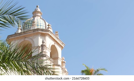 Spanish Colonial Revival Architecture In Balboa Park, San Diego, California USA. Historic Building In Classic Baroque Or Rococo Romance Style. Casa Or Old Castle Ornamental Stucco Decor, Antique Art.