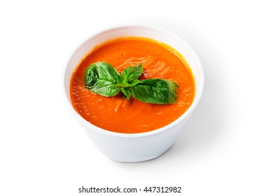 Spanish Cuisine Hot Food Delivery - Tomato Diet Cream Soup Gazpacho Isolated At White Closeup In White Plastic Plate