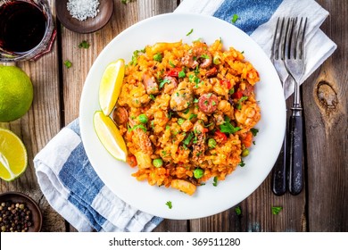Spanish cuisine: paella with seafood and chorizo sausages