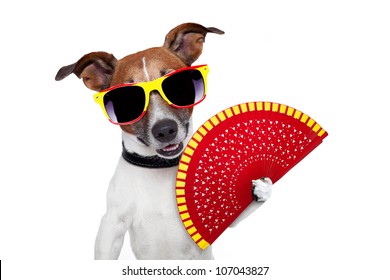 Spanish Dog With A Red Hand Fan