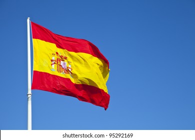 Spanish Flag In Plaza De Colon, Madrid, Spain