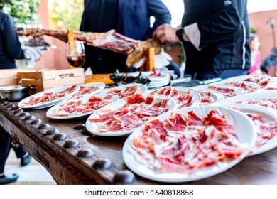 Spanish Food Of Serrano And Iberian Ham. Tapas In Andalusia On The Costa Del Sol