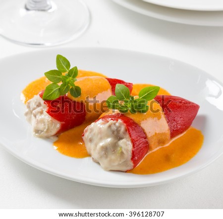 Spanish food. Stuffed red piquillo peppers, Spanish gastronomy