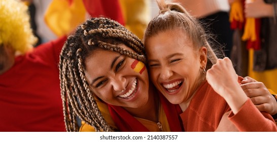 Spanish Football Fans Celebrating Their Team's Victory At Stadium.