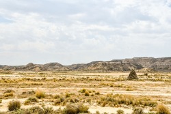 Spanish Landscape View Of European Countryside In Bardenas Reales Desert Park Spain.