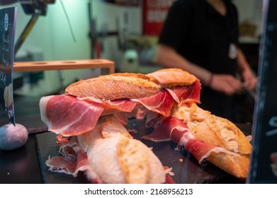 Spanish Low Cost Street Food, Bocadillo Bread Sandwich Dry-cured Ham Jamon Serrano Close Up