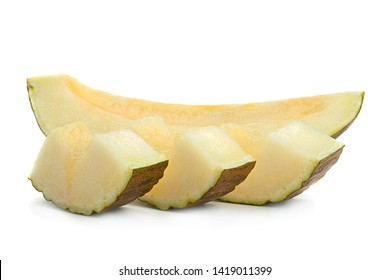 Spanish melon Piel de sapo slice on white background