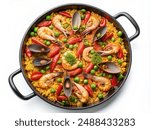 Spanish Paella, top view, isolated on white background