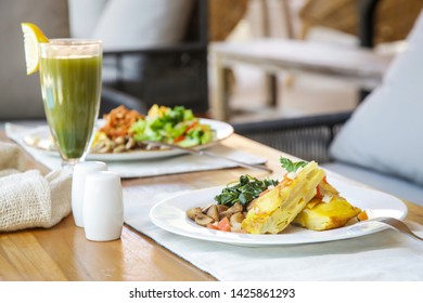 Spanish Potato Tortilla Served With Mushrooms And Spinach, Casual Dining Restaurant Food	