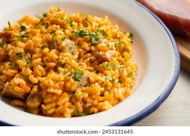 Spanish rice paella with fresh Almadraba tuna from Cadiz. - Powered by Shutterstock