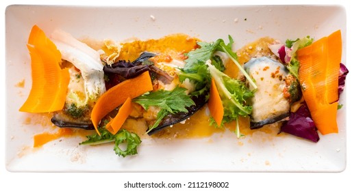 Spanish Rollitos De Berenjena, Grilled Aubergine Rolls With Ricotta, Bacon And Mozzarella. Isolated Over White Background