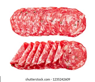 spanish salchichon, Salami sausage slices isolated on white background, view from above, flat lay, close-up