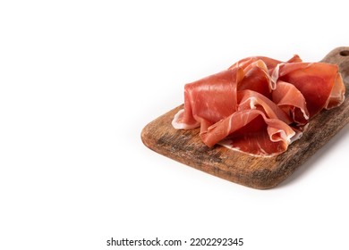 Spanish Serrano Ham With Olives And Breadstick Isolated On White Background. Copy Space