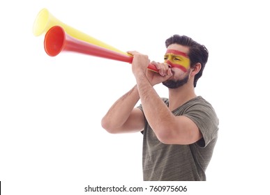 Spanish Soccer Fan Blowing A Vuvuzela