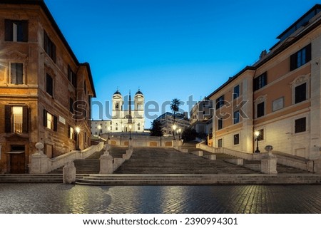 Spanish Steps on Spanish square (Piazza di Spagna) in blue hour before morning in Rome, Italy.  