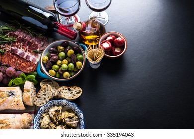 Spanish Tapas , Food Border Background Overhead View