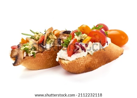 Spanish Tapas and Pinchos with cottage cheese, isolated on white background