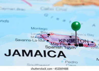 Spanish Town Pinned On A Map Of Jamaica
