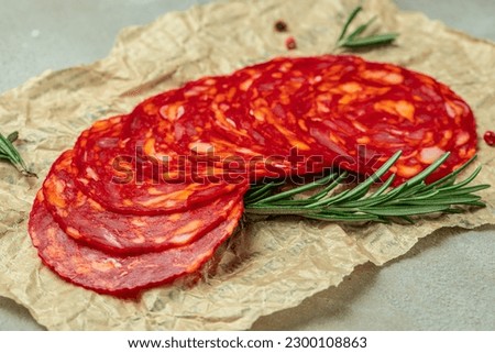 Spanish traditional chorizo sausage. Food recipe background. Close up.