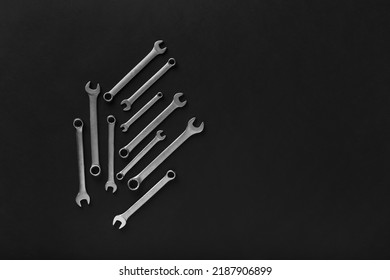 Spanners. Many wrenches. Industrial background. Set of wrench tool equipment. Set of wrenches in different sizes.