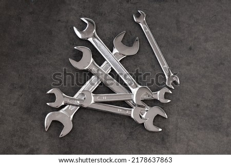 Spanners. Many wrenches. Industrial background. Set of wrench tool equipment
