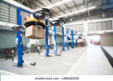 Spare Part Delivery Drone At Garage Storage In Leading Automotive Car Service Center For Delivering Mechanical Shipping Component Part Assembling To Customer. Modern Innovative Technology And Gadget