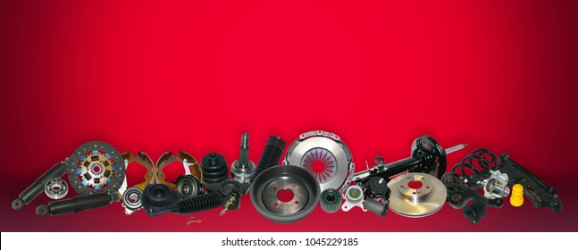 Spare parts car on the red background set. Many auto parts are located on the edge of the image. OEM parts, auto parts for customer.