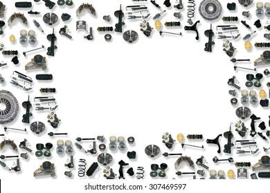 Spare parts car on the white background set. Frame for advertising and assembled from auto parts, spare parts. Many auto parts are located on the edge of the image. OEM parts, auto parts for customer. - Shutterstock ID 307469597