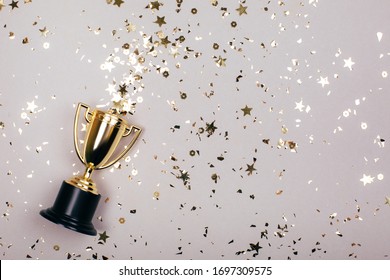 Sparkles grey background with a winners cup. Flat lay style. - Shutterstock ID 1697309575