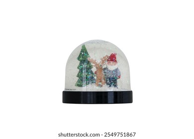 A sparkling and glittering Christmas snow globe isolated on white background with snow falling on Santa Claus, a reindeer, and a Christmas tree. - Powered by Shutterstock