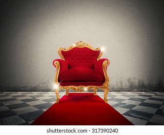 Sparkling Golden Armchair In A Red Carpet