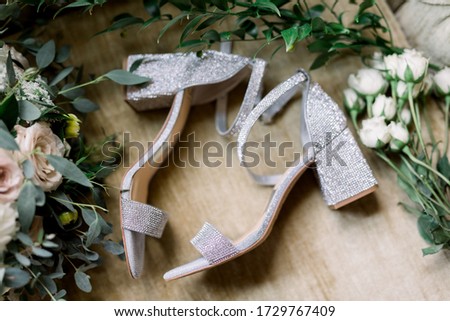Sparkling High Heels Lying on Their Sides in the Middle Between Loose Flowers