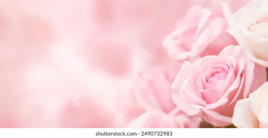 Sparkling Pink Roses in Bokeh Light. Clean modern background with beautiful roses for banners, posters, social media and wall decorations. - Powered by Shutterstock