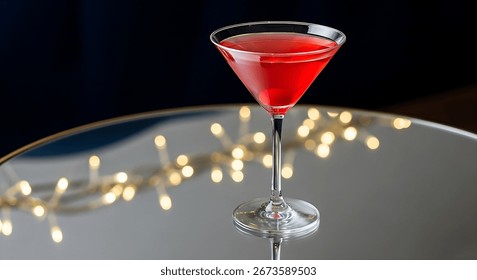 sparkling Ruby Red Martini, a bright red cocktail with a single candied cherry at the bottom, in a sleek martini glass on a mirrored table reflecting twinkling, festive lights.