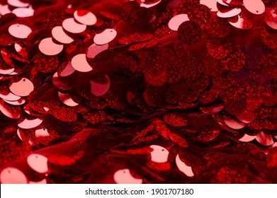 Sparkling Sequins. Red Sequin Fabric For Background. Rectangular Red Shiny Fabric, Christmas