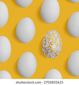 Sparkling and white easter eggs as creative pattern on yellow. Minimalist contemporary design, abstract aesthetic food. Shiny decorative eggs with yellow silver sequins as easter holidays background