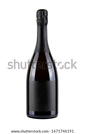 Sparkling wine bottle. Champagne. With black blank label.