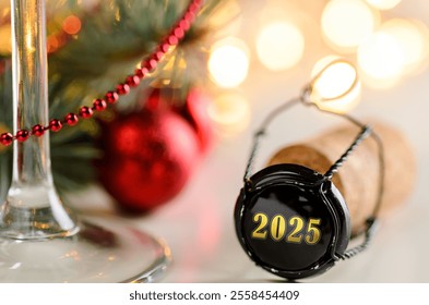 sparkling wine or champagne cork on table with christmas or new year 2025 blurred background and decorated fir-tree - Powered by Shutterstock