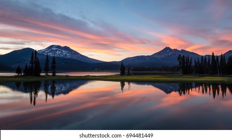 Sparks Lake Summer Sunset South Sister and Broken Top are reflected in Sparks Lake at sunset 