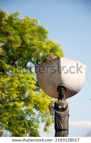 Sparrows birds sitting in marble bowl on head of female statue outdoors.