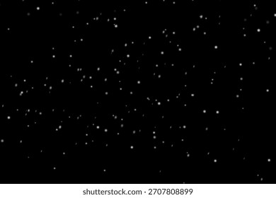 Sparse light snow overlay with tiny bright flakes gently falling across deep black night sky, subtle winter snowfall background texture for minimalist Christmas designs and soft cinematic scenes

