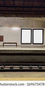 Sparse subway platform beckons with blank canvases, echoing urban solitude, reminiscent of World Urbanism Day and minimalist art
