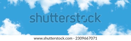 Sparse white clouds and panoramic blue sky background. It can be used as a stretch ceiling, wallpaper, design element, banner and ceiling decoration image.