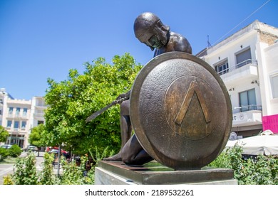 Sparta, Greece, July 20, 2022. Statue Of A Spartan Soldier In The Main Square Of Sparta