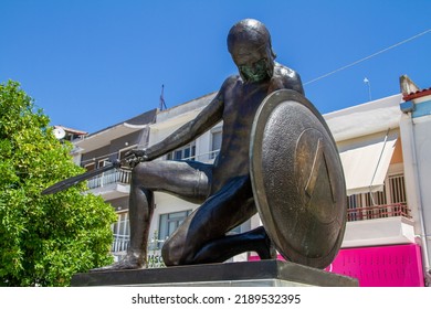 Sparta, Greece, July 20, 2022. Statue Of A Spartan Soldier In The Main Square Of Sparta