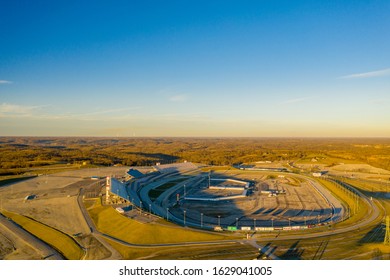 SPARTA, KY, USA - JANUARY 6, 2020: Aerial Drone Photo Kentucky Speedway Oval NASCAR Race Track At Sunset