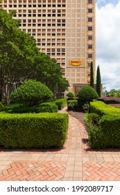 SPARTANBURG, SC, USA-13 JUNE 2021: The Denny's Corporate Headquarters Office Building And Small Park, Showing Close Shot Of Walkway Toward Entrance Front And Signs-logo.