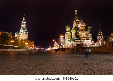 Spasskaya tower of Kremlin and cathedral on Vasilevsky Descent of Red Square in Moscow in night