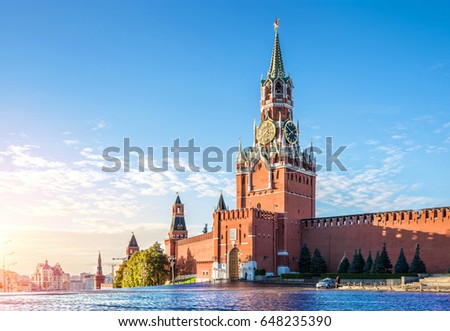 Spasskaya tower of the Kremlin in the early autumn morning on the Red Square in Moscow